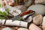 Banzelcroft Customs MEK, a custom titanium EDC utility knife with Honduran rosewood burl handle scales and canvas micarta liners.