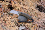 Banzelcroft Customs MEK, a custom titanium EDC utility knife with olive drab canvas micarta and copper handle scales.