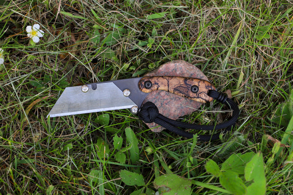 Banzelcroft Customs MEK, a custom titanium EDC utility knife with stabilized spalted maple burl handle scales.