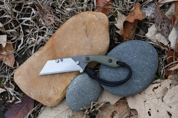 Banzelcroft Customs MEK, a custom titanium EDC utility knife with olive drab G10 handle scales.